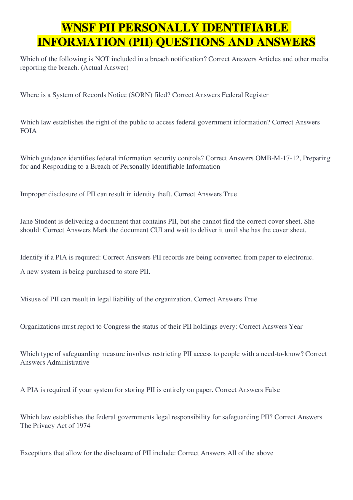 Preview image for WNSF PII PERSONALLY IDENTIFIABLE INFORMATION (PII) QUESTIONS AND ANSWERS